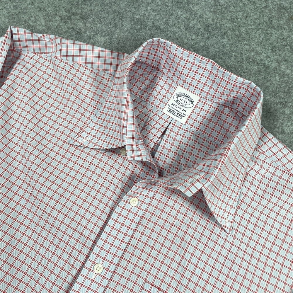 Brooks Brothers Mens Button Down 17-33 White Red Regent Fit Non-Iron Stretch
